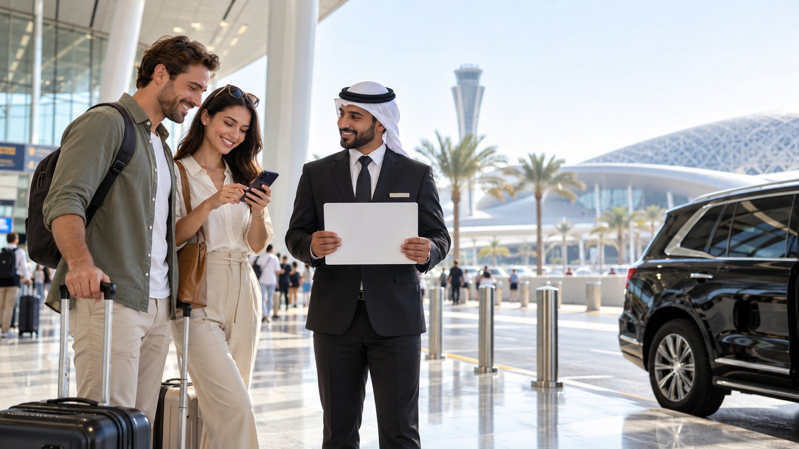 Abu Dhabi Layover Tours driver meeting guests at Zayed International Airport arrivals