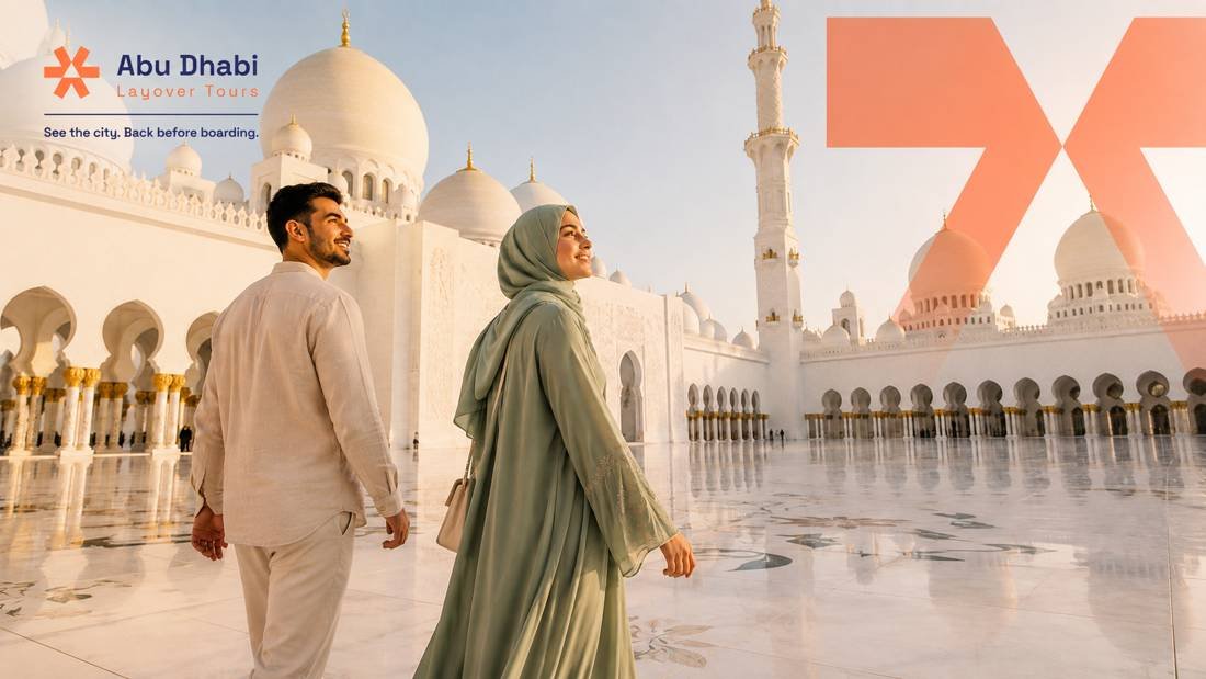 Couple at Sheikh Zayed Grand Mosque courtyard